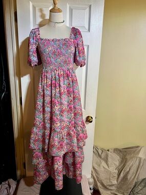 English Factory Wms Pink Floral Layered Garden Fairy Puff Sleeve Maxi Dress S